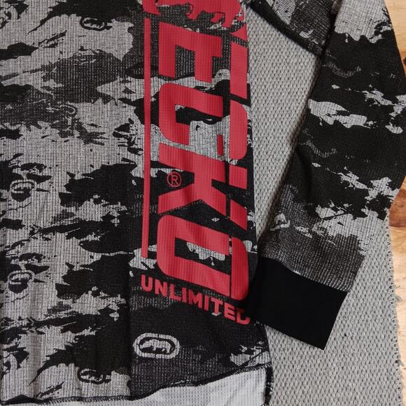 Ecko Unltd. Thermal Knit Shirt Mens S Black Gray Camo Hi Low Spell Out - Picture 4 of 14